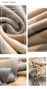Detail of plaid scarf texture with beige and grey tassels in soft cashmere-like fabric