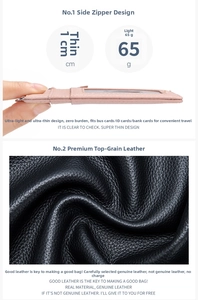 Slim pink top-grain leather ID card holder with side zipper and 1cm ultra-thin profile