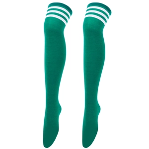 Detail of green over-the-knee socks featuring three white stripes and knit texture