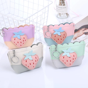 Cute Strawberry Coin Purse PU Leather Color Block Mini Pouch With Metal Key Ring Cartoon Wallet For Women Girls