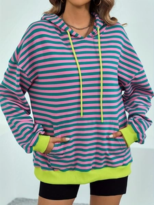 Sudadera de rayas rosa y verde para mujer con puños y cordón en verde neón de contraste
