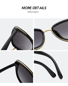 Detailed close-up views of black and gold fashion sunglasses showing hinges and frames