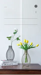Detail of lantern-shaped hydroponic flower vases in black and gold metal frames