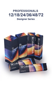 Stack of professional 12 to 72 color oily colored pencil sets in designer packaging