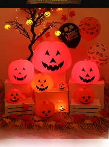 Detailed set of multi-size glowing Jack-o'-lanterns for Halloween scene decoration
