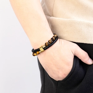 Men's double-layer braided leather bracelet with tiger eye beads and gold magnetic clasp