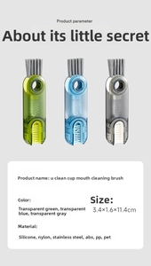 Three-in-one gap cleaning brush for bottle lids in green, blue, and grey colors