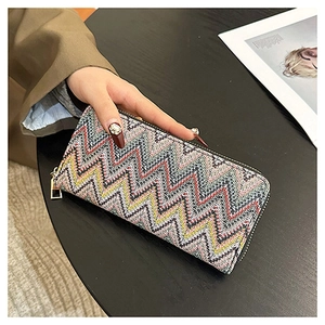 Detailed macro view of long zipper wallet with colorful wave patterns and golden hardware