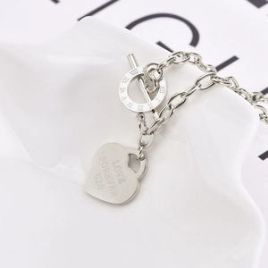 Hip hop style silver stainless steel OT buckle necklace with Love Forever heart pendant