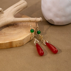 Vintage Chinese style earrings with lucky cloud metal, green beads and red water drop pendants