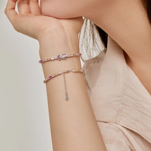 Elegant S925 sterling silver rainbow tennis bracelet with colorful heart shaped zircons