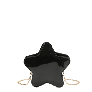 Glossy black star-shaped crossbody bag with golden chain strap on a white background