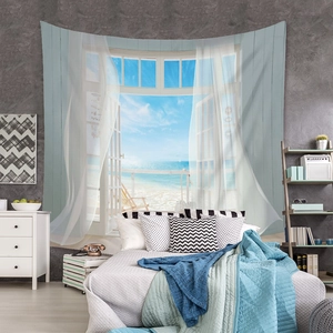 Detail of bohemian tapestry featuring a realistic window view of the blue ocean and sky