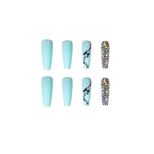 Tiffany blue coffin press-on nails with iridescent rhinestones and long ballerina shape