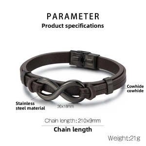 Detail view of infinity leather bracelet with size dimensions and technical parameters