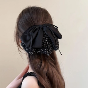 Elegant oversized layered black satin and leopard print bow hair clip for back hair styling