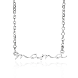 Polished silver stainless steel Mama script necklace on white background with reflection