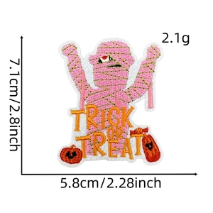 Pink Halloween mummy embroidery patch with Trick or Treat text and 7.1x5.8cm dimensions