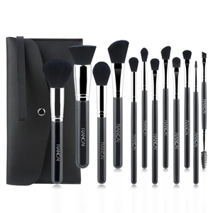 Kit de 12 pinceaux de maquillage professionnels noirs et argentés avec pochette élégante