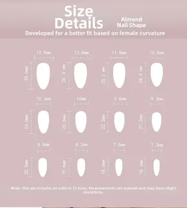 Size chart showing 24 almond shape press-on nails with dimensions for 12 different fits