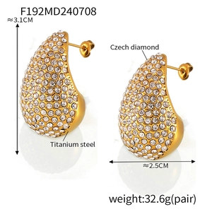 Detailed view of teardrop earrings featuring CZ diamonds and 18K PVD gold plating