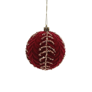 8cm burgundy flocked Christmas ball ornament with golden glitter leaf pattern and gold loop