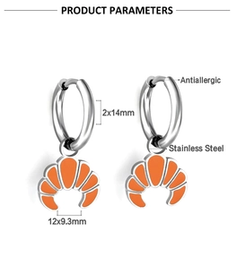 Detail view of silver stainless steel croissant earrings with size and antiallergic specs