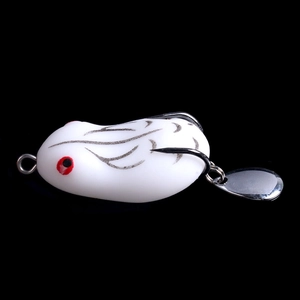 White frog lure with black stripes and spinning blade for snakehead fishing