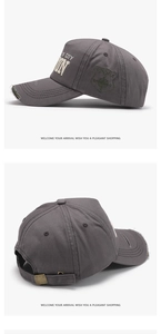 Detailed views of grey distressed baseball cap with 3D embroidery and metal buckle