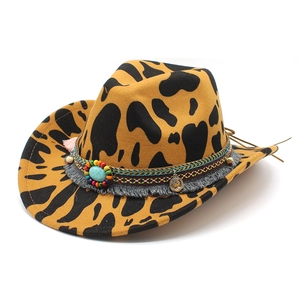 Western Cowboy Fedora Hat Felt Animal Print Turquoise Ethnic Band Tassels Metal Coin Decor Bohemian Accessory