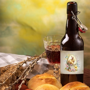 Easter bunny wine bottle labels on brown glass bottles for festive party decorations