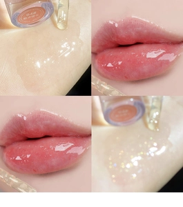 Macro shot of shimmering pink lip gloss 04 Sakura on lips and hand skin swatch