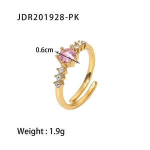 18K gold plated stainless steel ring with 0.6cm pink zircon stone on white background