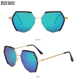 Hexagonal sunglasses with black frames, gold temples and green-blue mirrored lenses