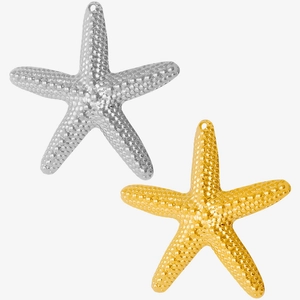Detailed macro of gold and silver starfish pendants with textured finish and top ring