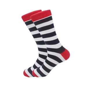 Men's high-top crew socks for sports featuring black stripes and red reinforced heels
