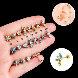 Fashion Stainless Steel Cartilage Earring For Women Colorful Zirconia Flower Stud Earrings With Screw Ball Back Jewelry