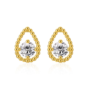 Elegant gold teardrop stud earrings with beaded edge and sparkling center stone