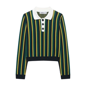 Women Striped Knit Polo Shirt Contrast Collar Long Sleeve Vertical Stripe Casual Pullover Knitwear Top