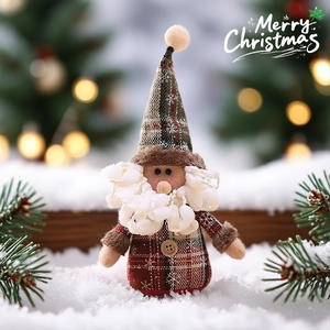 Charming Christmas gnome doll with snowflake plaid hat and white beard on snowy background