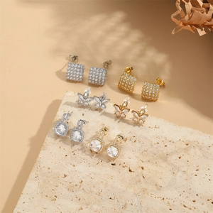 Set of six luxury square zircon and butterfly stud earrings in gold and silver finishes