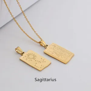 Macro shot of gold Sagittarius tarot pendant with intricate engravings on stainless steel