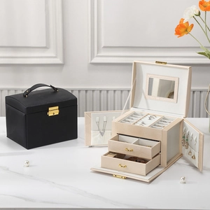 Multi-layer leather jewelry box with mirrors, hooks, and drawers for organized storage