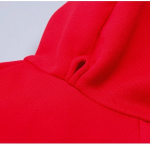 Detail of red dog hoodie featuring reinforced drawstring hole and premium knit texture