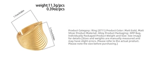 Detailed view of matte silver alloy ring with wavy texture showing 2.15cm width dimensions