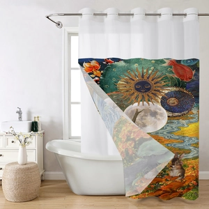 Detail showing astrological sun and moon print on high-quality waterproof shower curtain