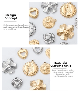 Detail of stainless steel charms with floral heart and sunburst embossed engravings