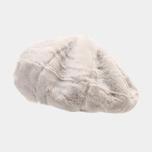 Close-up of fluffy plush beret hat in light gray with thick faux fur texture