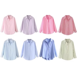 Women Long Sleeve Striped Blouse Shirt Polyester Turn-Down Collar Single Breasted Casual Button Up Tops Elegant