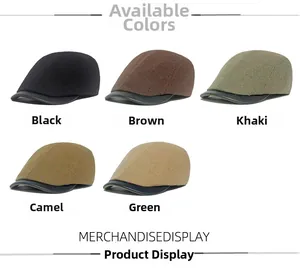 Detailed view of winter wool berets with leather visors in five assorted earthy colors
